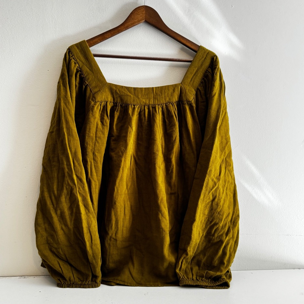 Sonoma Women's 2X Green 100% Cotton Square Neck Balloon Sleeve Top Fall Basics